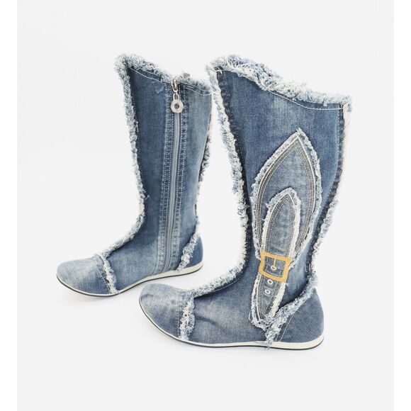 Vintage y2k 90s Boots Mid Calf Denim Boots Festival Rave Size 38 - Picture 2 of 6